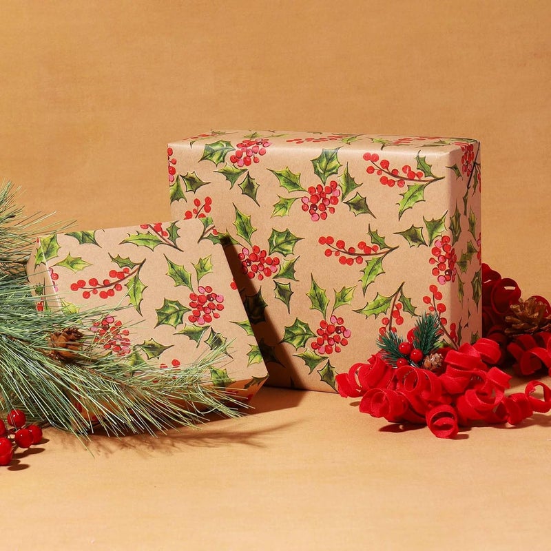 LaRibbons Kraft Christmas Wrapping Paper Mini Roll, Holly Leaves and Red Berries Pattern, for Classic Christmas, Winter Holiday Gift Wrapping, 17" x 33' (46.7 sq. ft) - Image 3